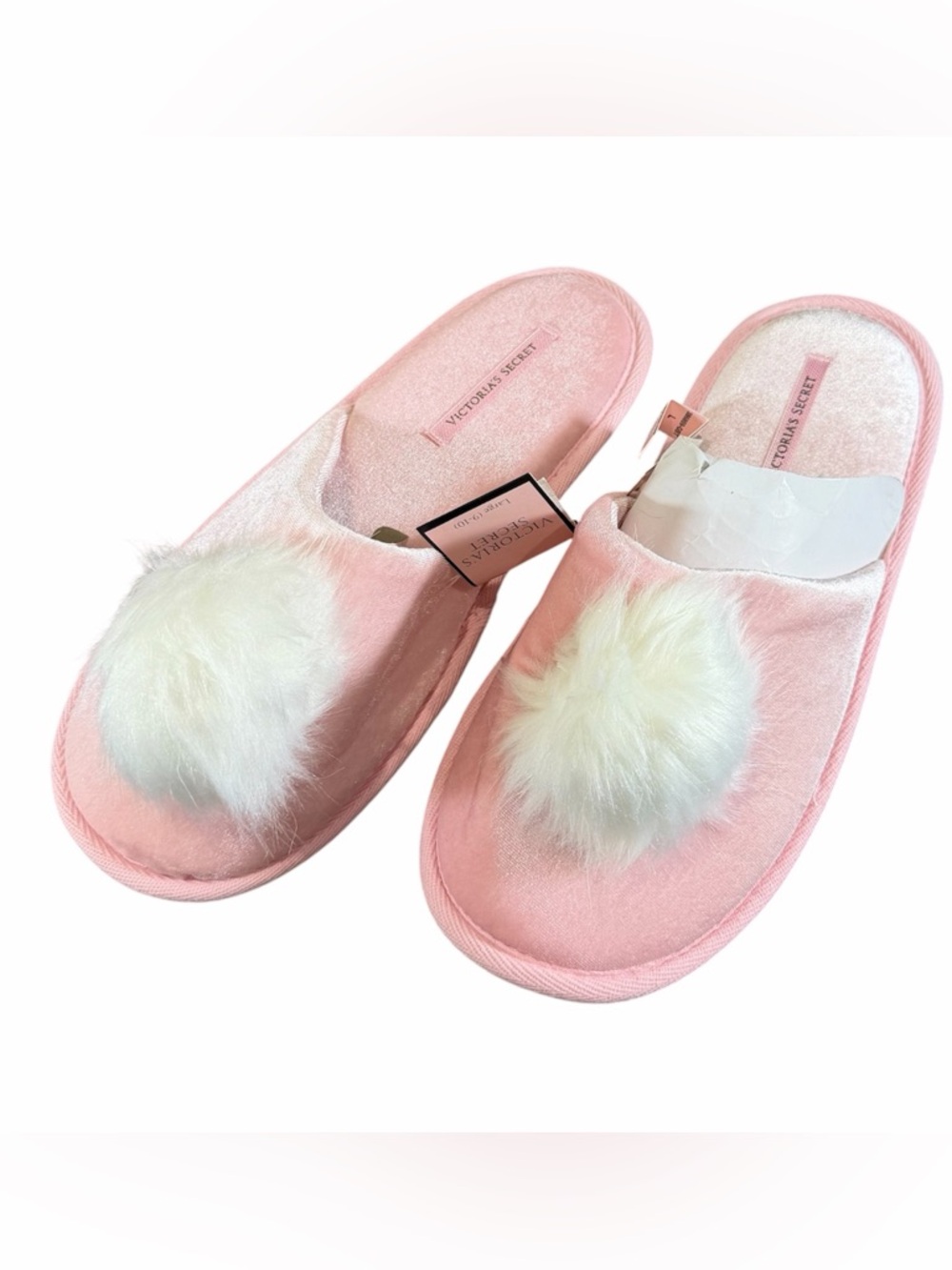 Victoria's Secret Pink Pom-Pom Slip-On Slippers with Cream Fur Accent